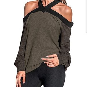 Cold shoulder light brown and black trim sweater
